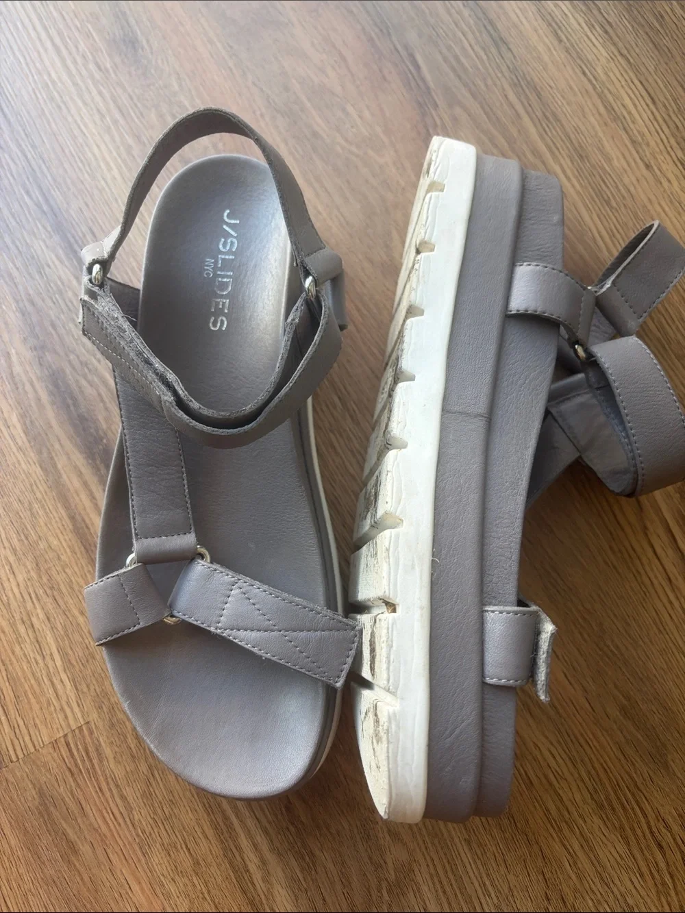 J/SLIDES Taupe Platform Sandals with Adjustable Ankle Strap